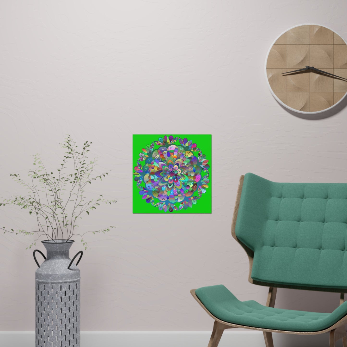 Square Matte Paper Poster Featuring Hand - Drawn Bright Mandala Art - Medium Green - Blululi