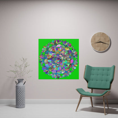 Square Matte Paper Poster Featuring Hand - Drawn Bright Mandala Art - Medium Green - Blululi