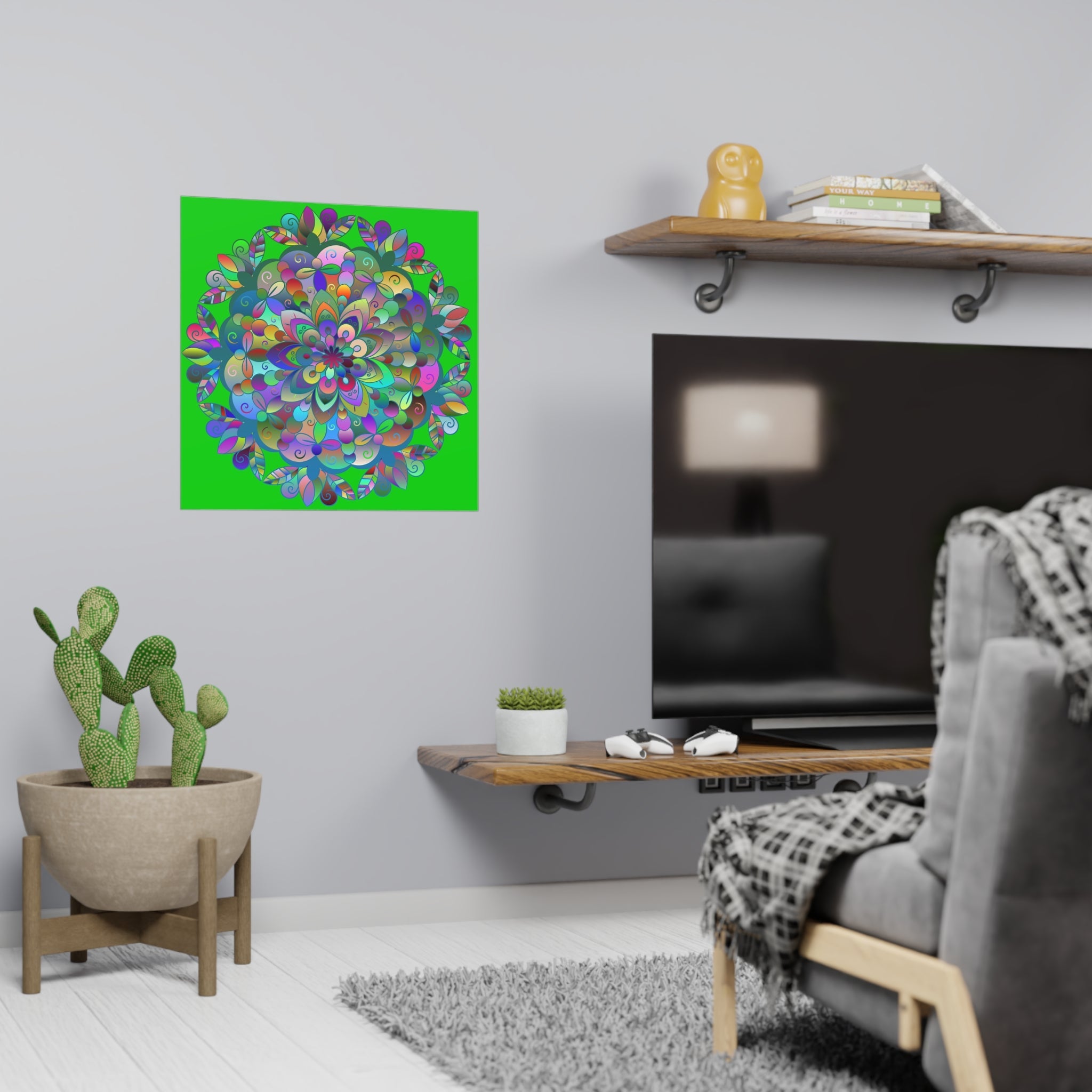 Square Matte Paper Poster Featuring Hand - Drawn Bright Mandala Art - Medium Green - Blululi