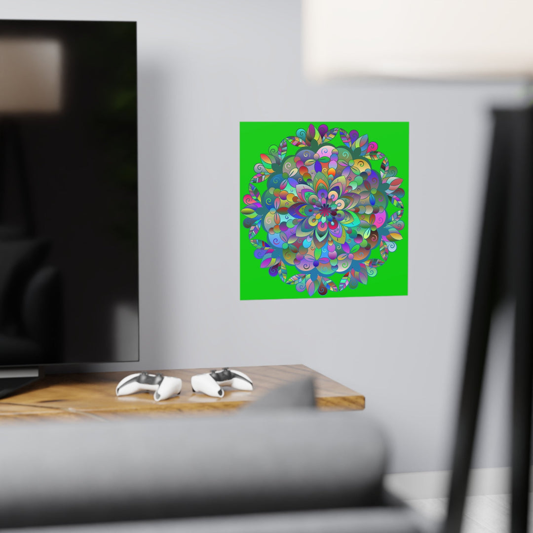 Square Matte Paper Poster Featuring Hand - Drawn Bright Mandala Art - Medium Green - Blululi