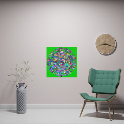 Square Matte Paper Poster Featuring Hand - Drawn Bright Mandala Art - Medium Green - Blululi