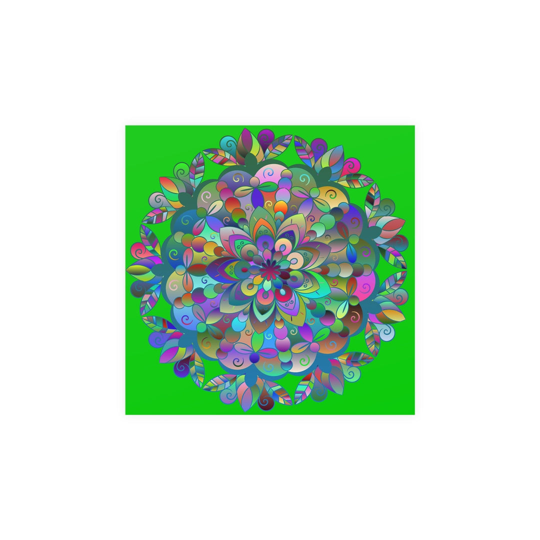 Square Matte Paper Poster Featuring Hand - Drawn Bright Mandala Art - Medium Green - Blululi