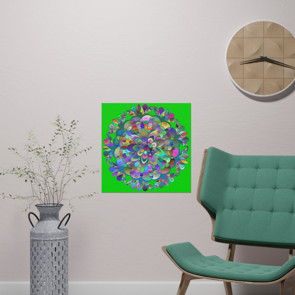 Square Matte Paper Poster Featuring Hand - Drawn Bright Mandala Art - Medium Green - Blululi