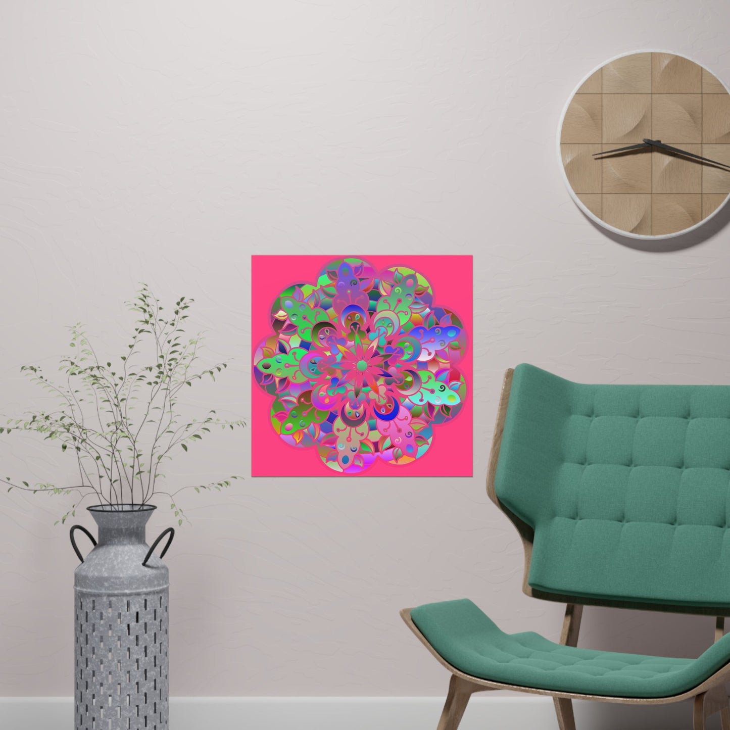 Square Matte Paper Poster Featuring Hand - Drawn Bright Mandala Art - Medium Pink - Blululi