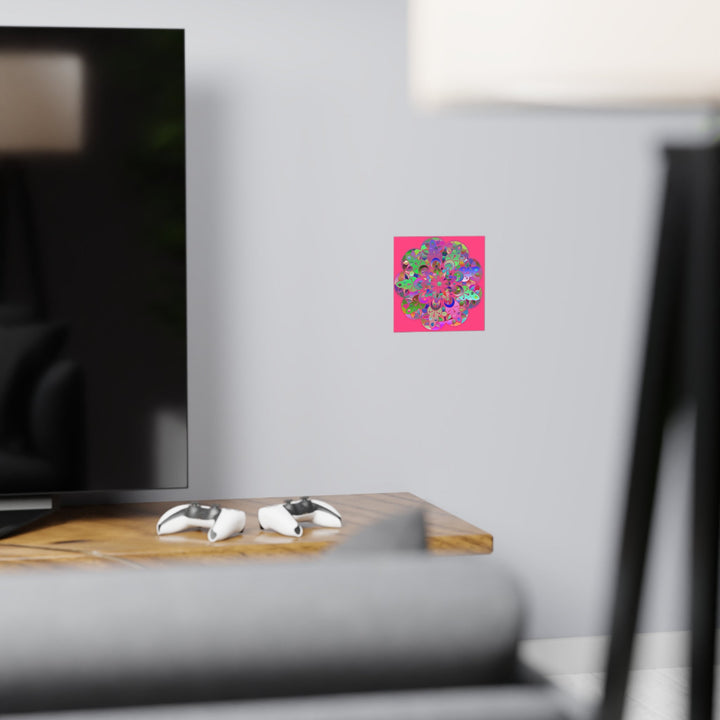 Square Matte Paper Poster Featuring Hand - Drawn Bright Mandala Art - Medium Pink - Blululi