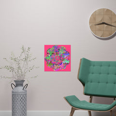 Square Matte Paper Poster Featuring Hand - Drawn Bright Mandala Art - Medium Pink - Blululi