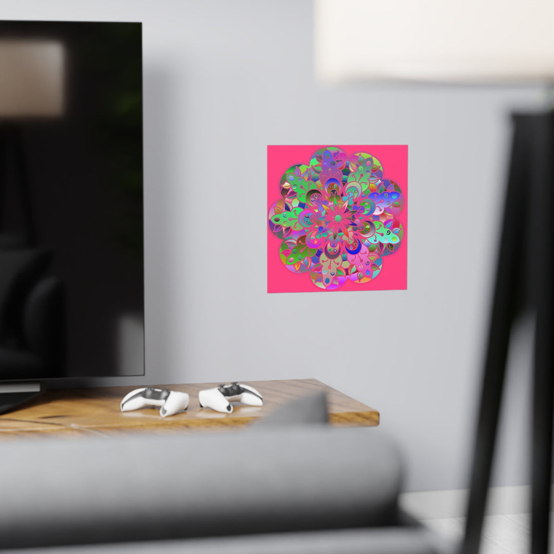 Square Matte Paper Poster Featuring Hand - Drawn Bright Mandala Art - Medium Pink - Blululi