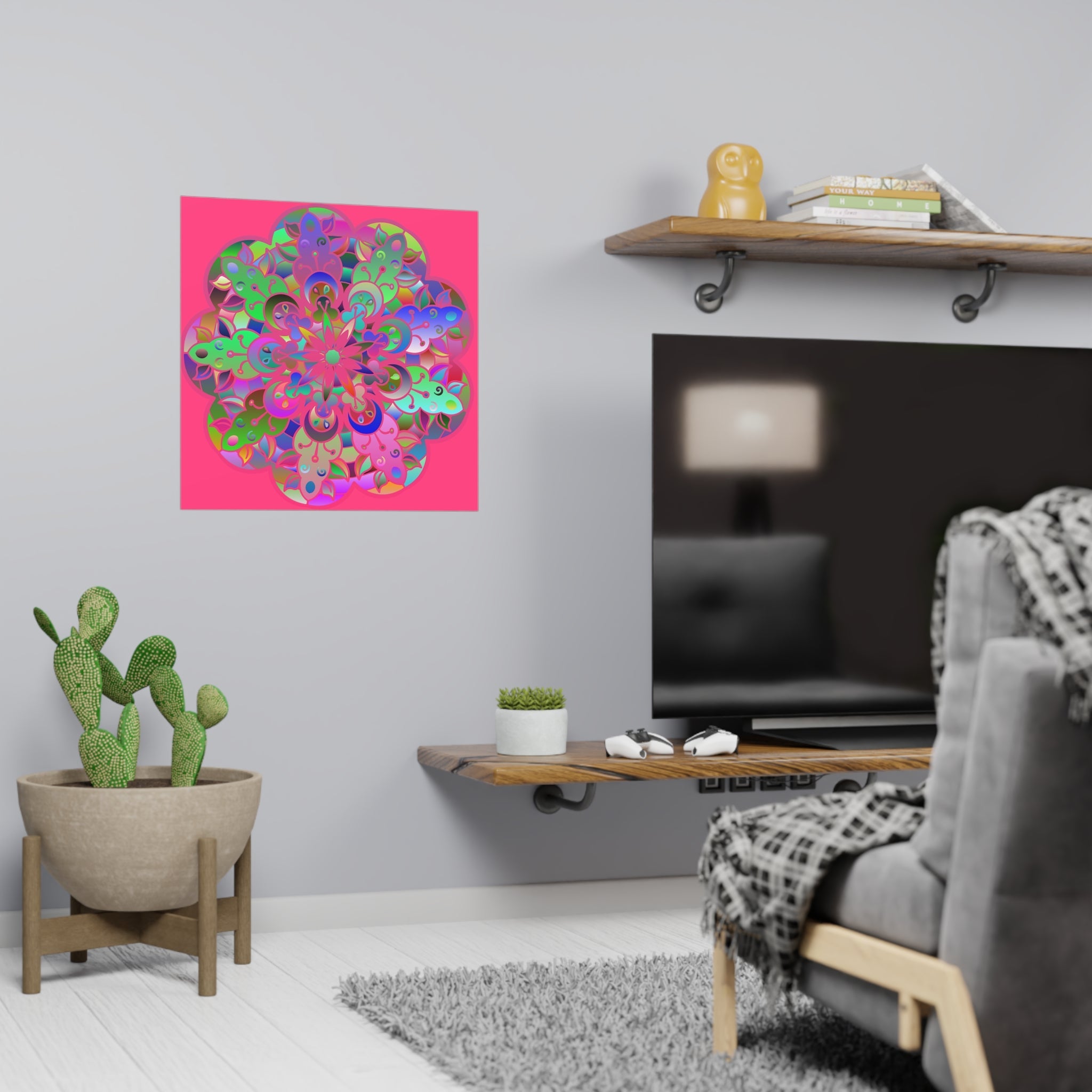 Square Matte Paper Poster Featuring Hand - Drawn Bright Mandala Art - Medium Pink - Blululi