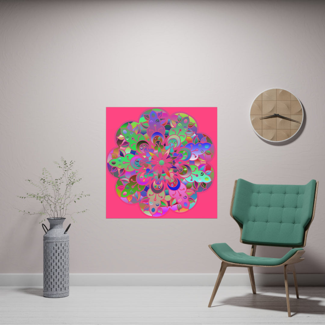 Square Matte Paper Poster Featuring Hand - Drawn Bright Mandala Art - Medium Pink - Blululi