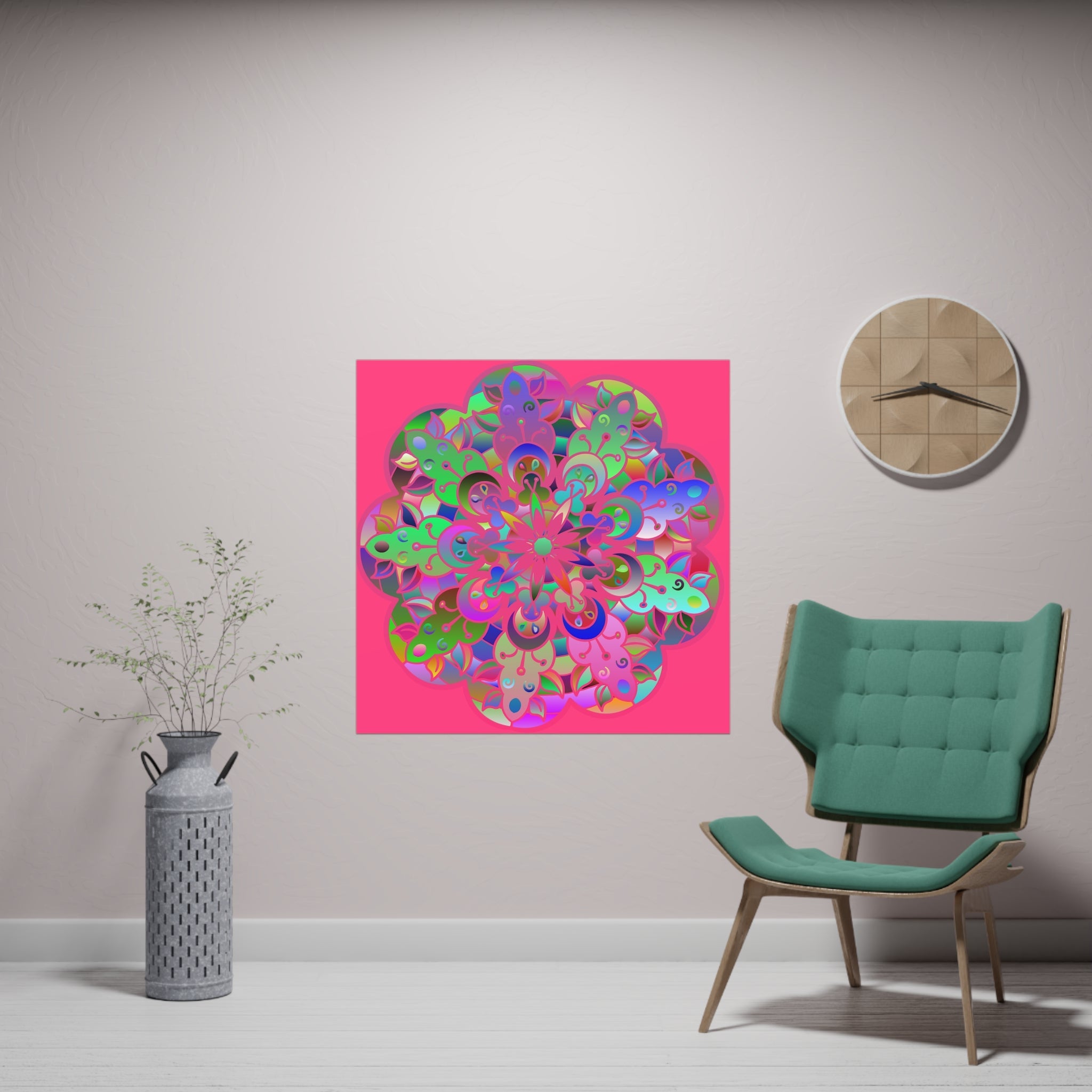 Square Matte Paper Poster Featuring Hand - Drawn Bright Mandala Art - Medium Pink - Blululi