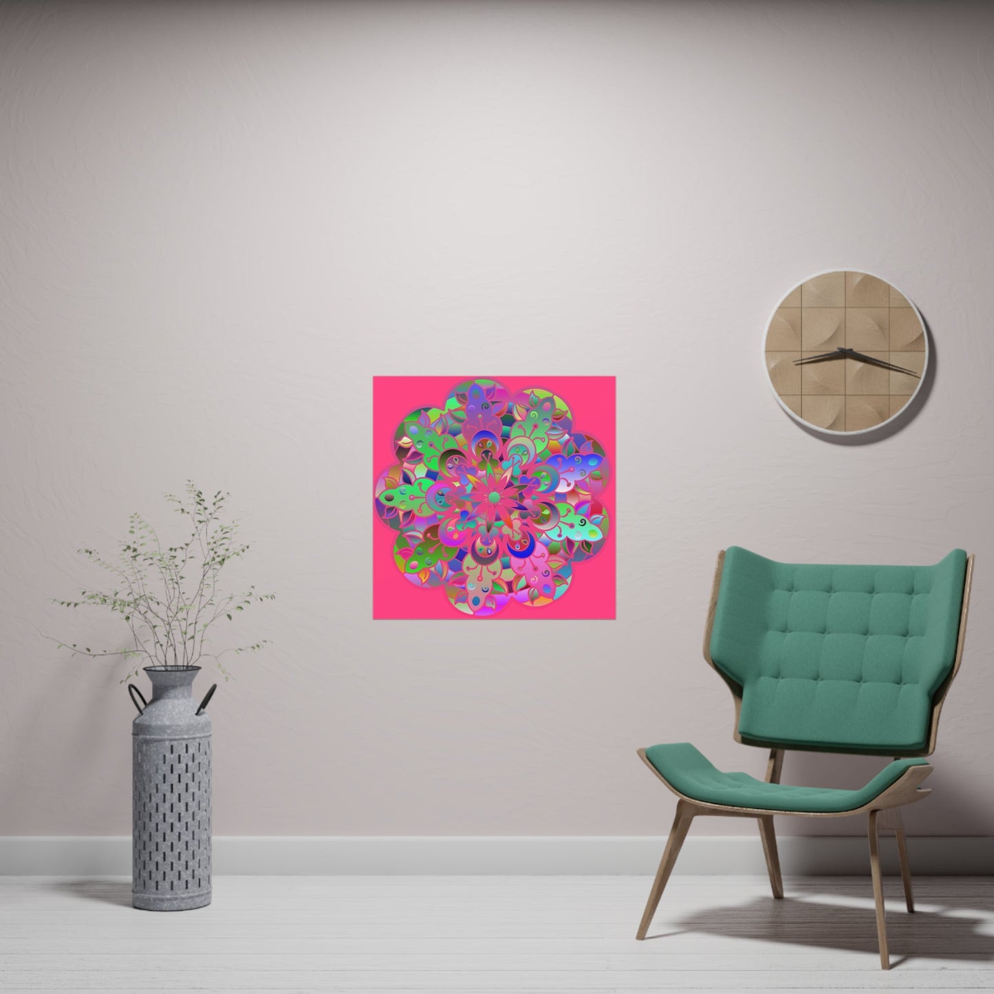 Square Matte Paper Poster Featuring Hand - Drawn Bright Mandala Art - Medium Pink - Blululi