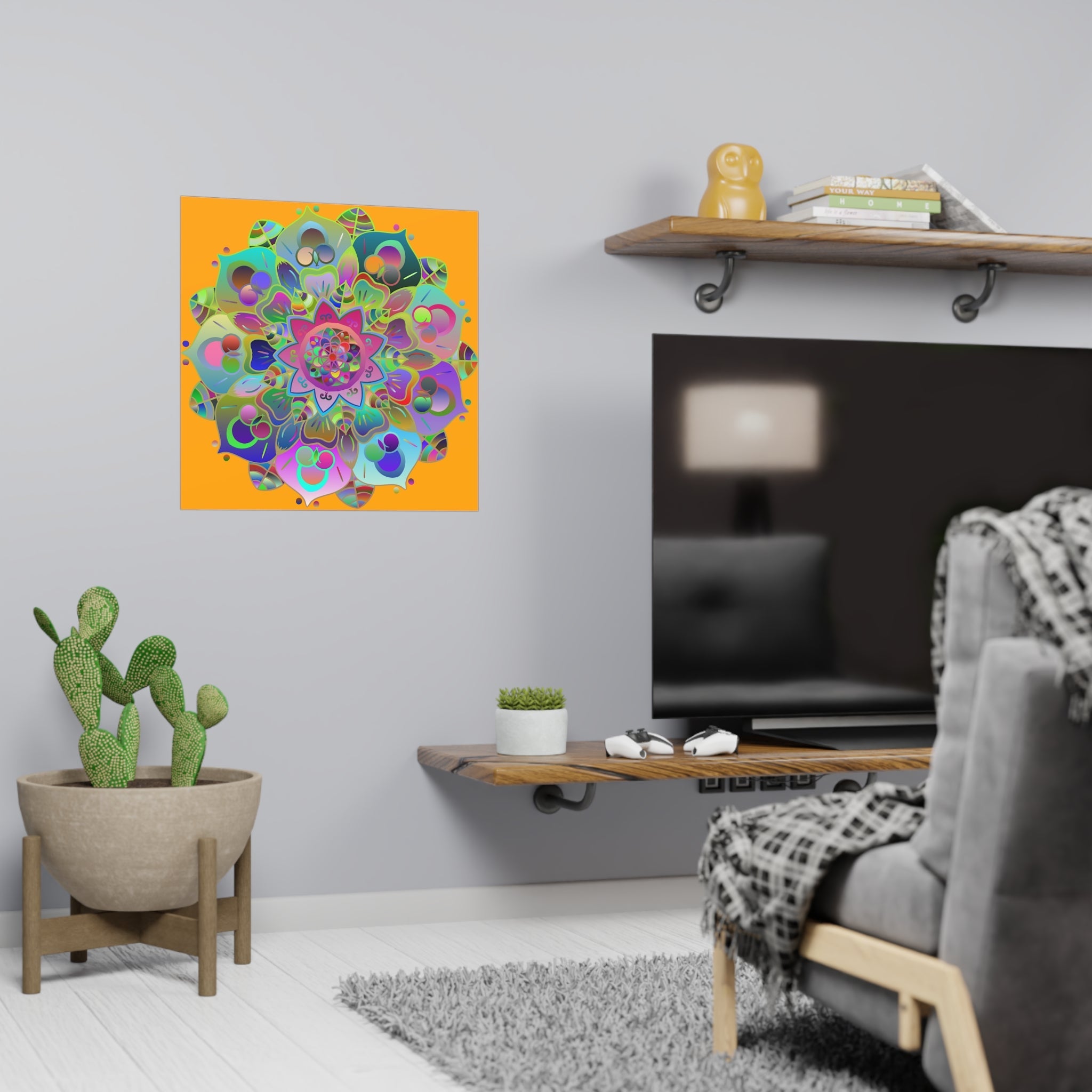 Square Matte Paper Poster Featuring Hand - Drawn Bright Mandala Art - Orange - Blululi