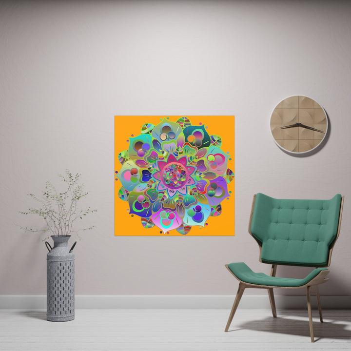 Square Matte Paper Poster Featuring Hand - Drawn Bright Mandala Art - Orange - Blululi