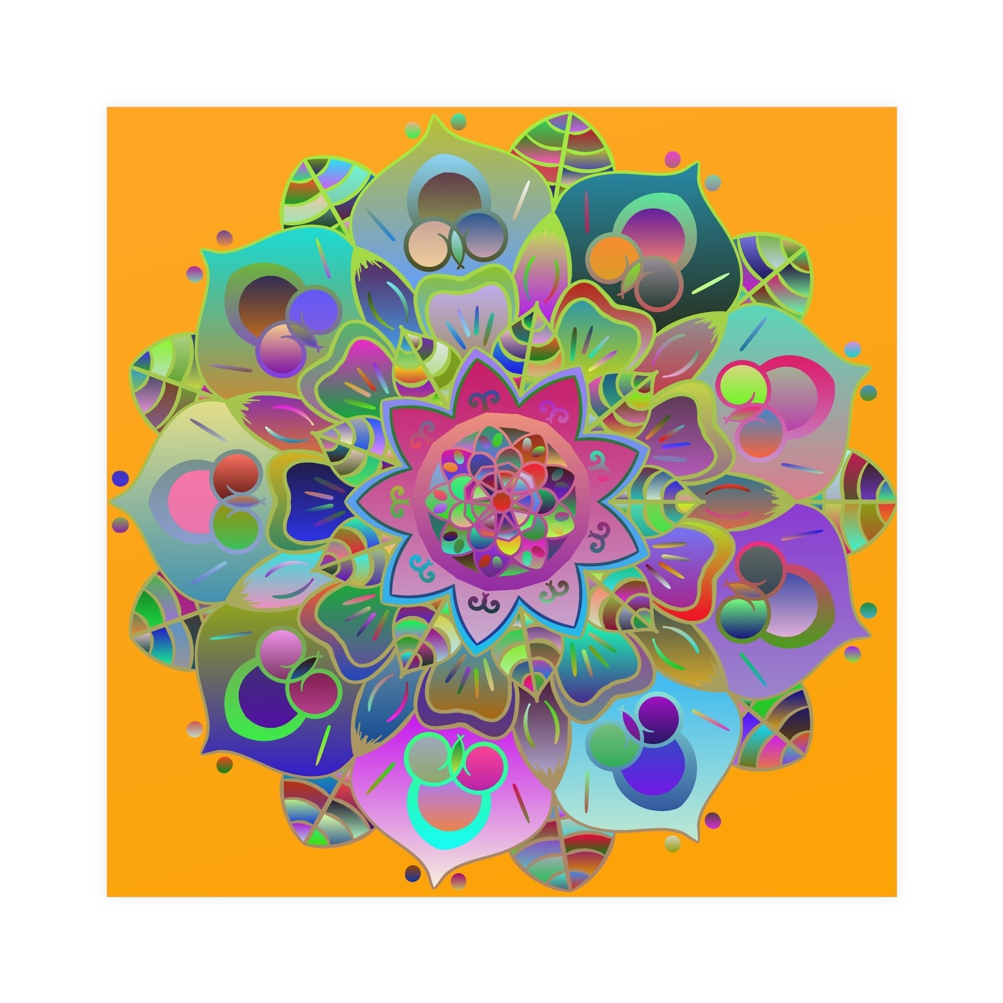 Square Matte Paper Poster Featuring Hand - Drawn Bright Mandala Art - Orange - Blululi