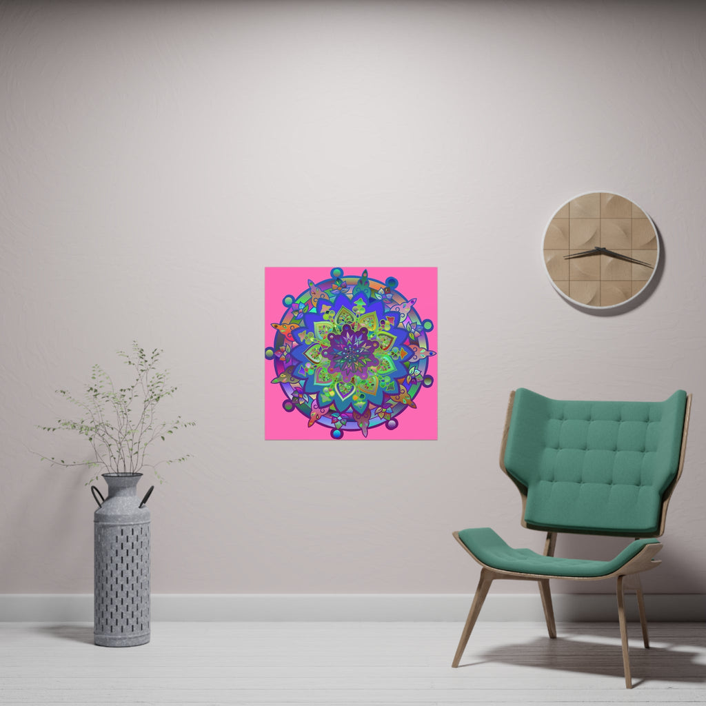 Square Matte Paper Poster Featuring Hand - Drawn Bright Mandala Art - Pink - Blululi