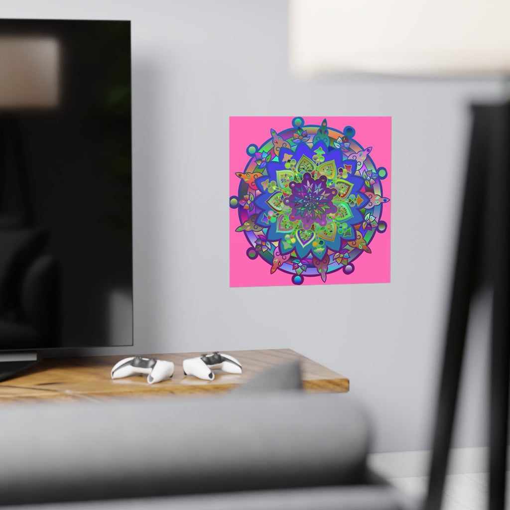 Square Matte Paper Poster Featuring Hand - Drawn Bright Mandala Art - Pink - Blululi