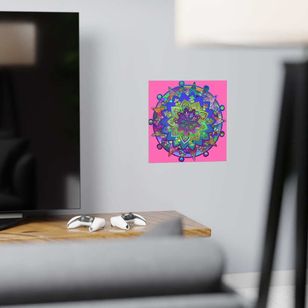 Square Matte Paper Poster Featuring Hand - Drawn Bright Mandala Art - Pink - Blululi