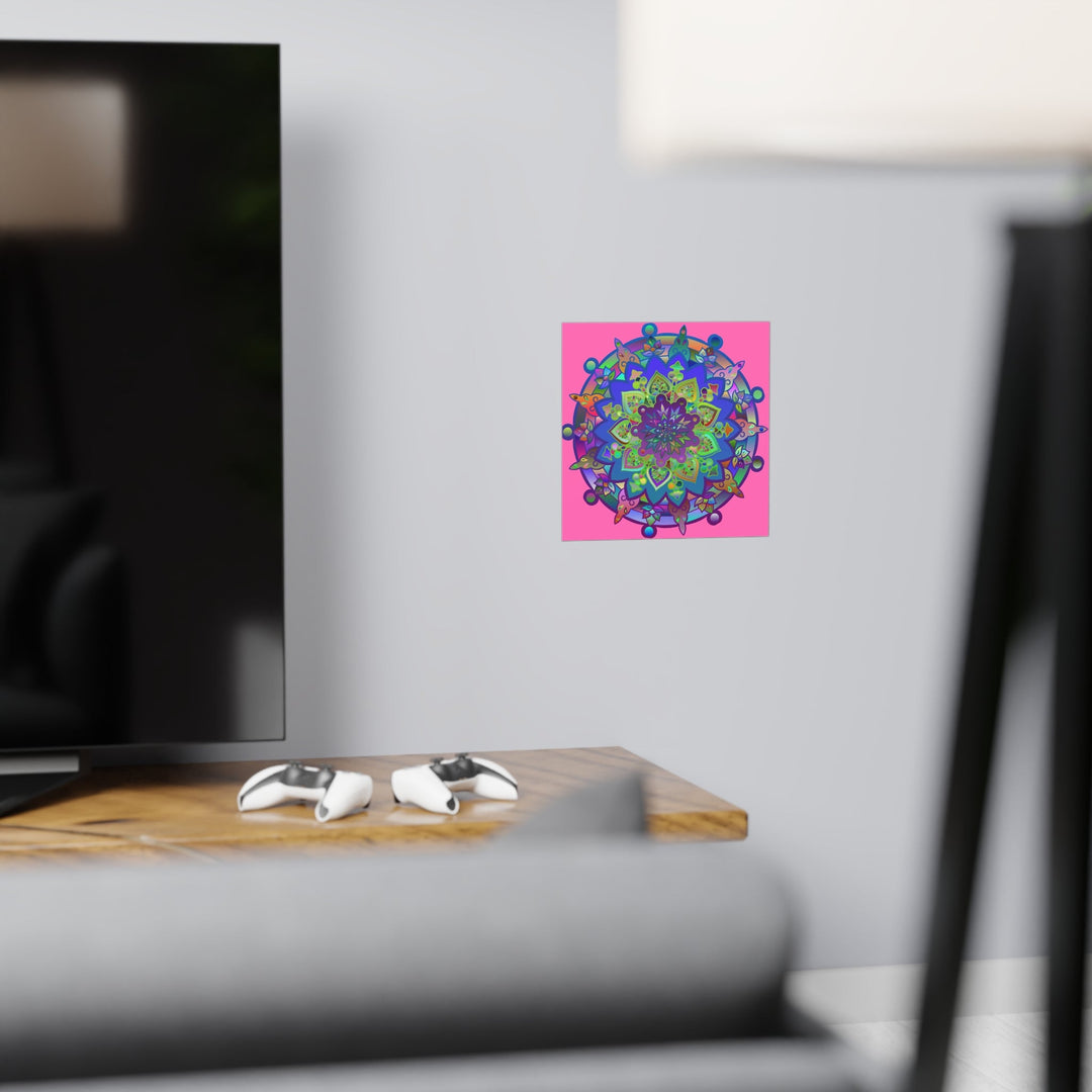 Square Matte Paper Poster Featuring Hand - Drawn Bright Mandala Art - Pink - Blululi