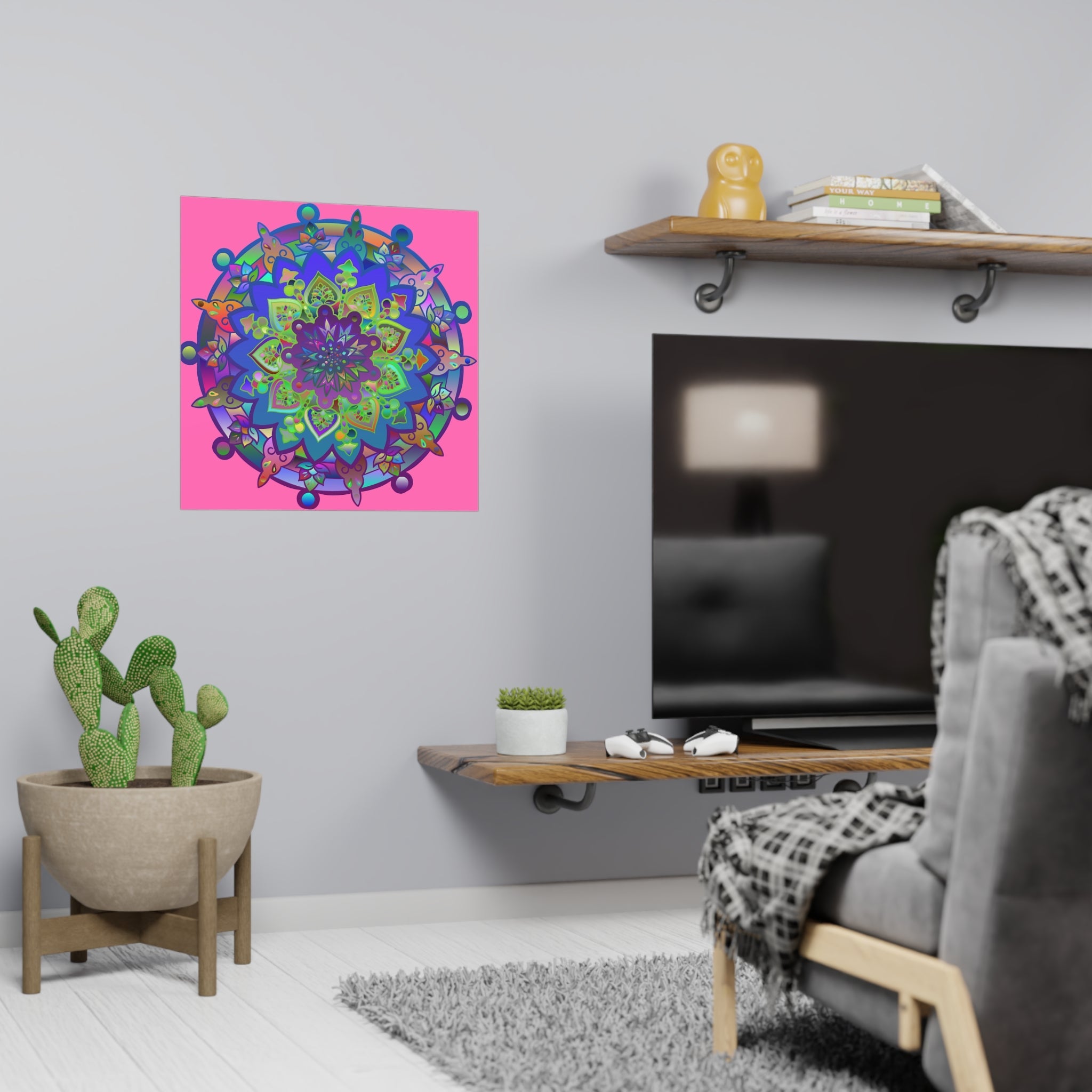 Square Matte Paper Poster Featuring Hand - Drawn Bright Mandala Art - Pink - Blululi