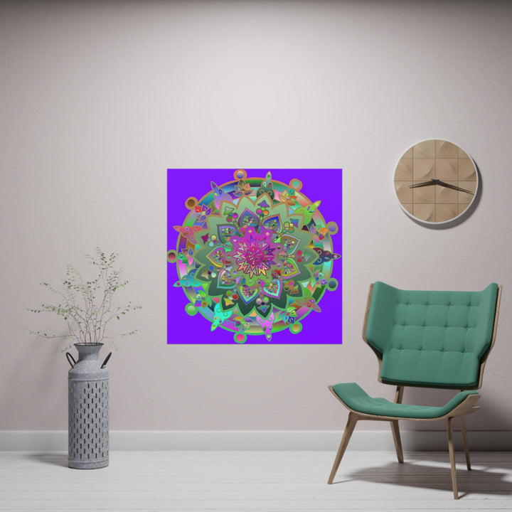 Square Matte Paper Poster Featuring Hand - Drawn Bright Mandala Art - Purple - Blululi