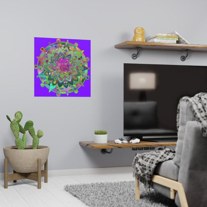 Square Matte Paper Poster Featuring Hand - Drawn Bright Mandala Art - Purple - Blululi