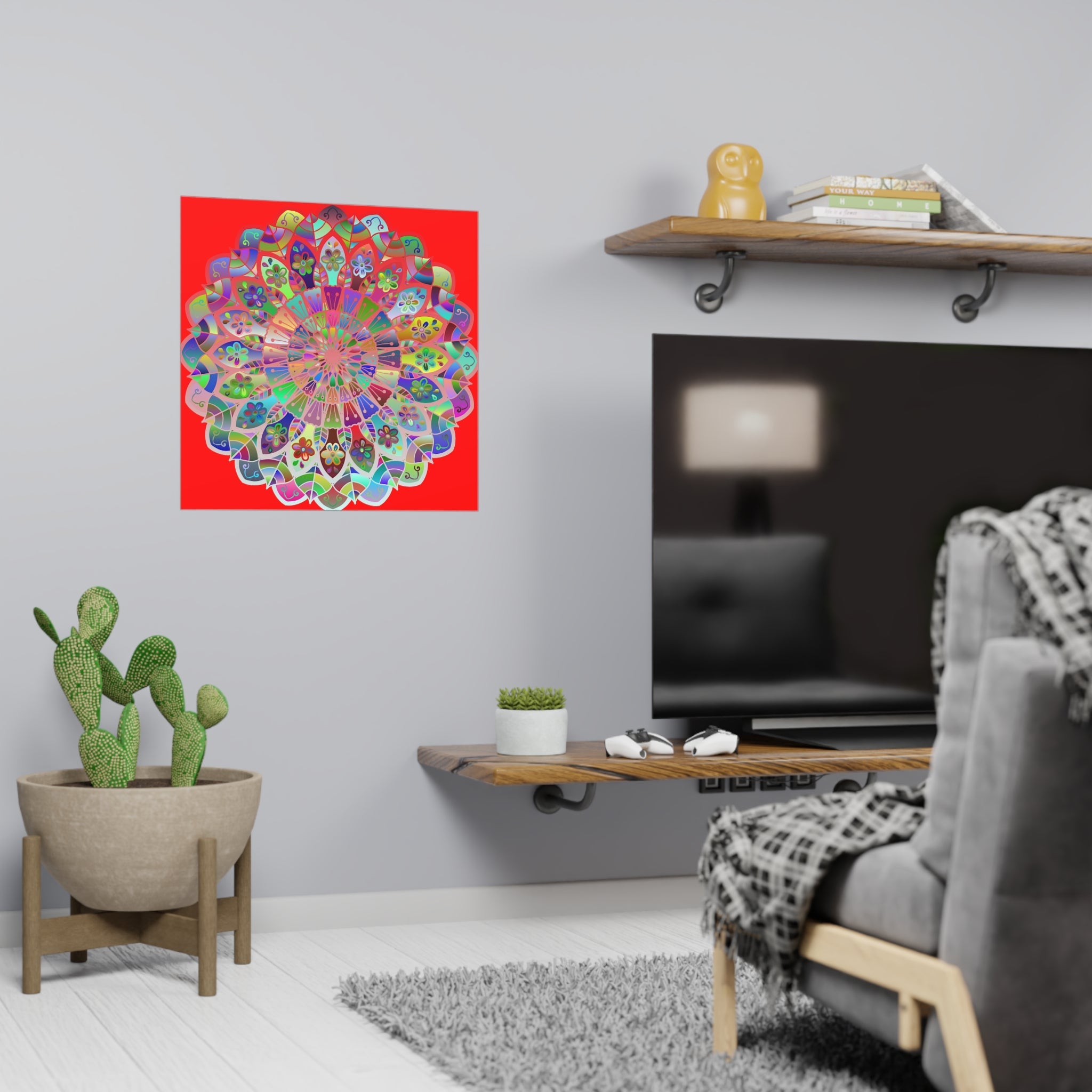 Square Matte Paper Poster Featuring Hand - Drawn Bright Mandala Art - Red - Blululi