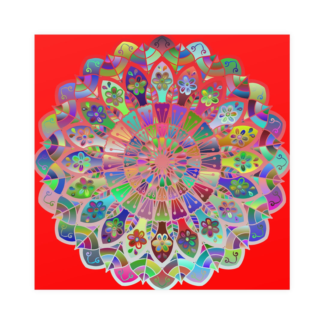 Square Matte Paper Poster Featuring Hand - Drawn Bright Mandala Art - Red - Blululi