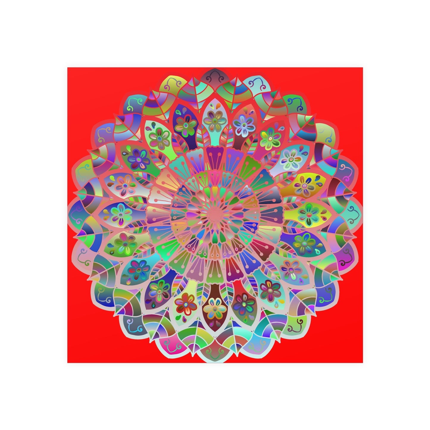 Square Matte Paper Poster Featuring Hand - Drawn Bright Mandala Art - Red - Blululi