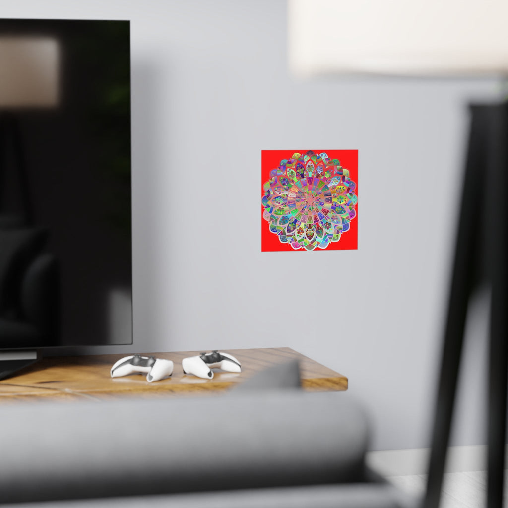 Square Matte Paper Poster Featuring Hand - Drawn Bright Mandala Art - Red - Blululi