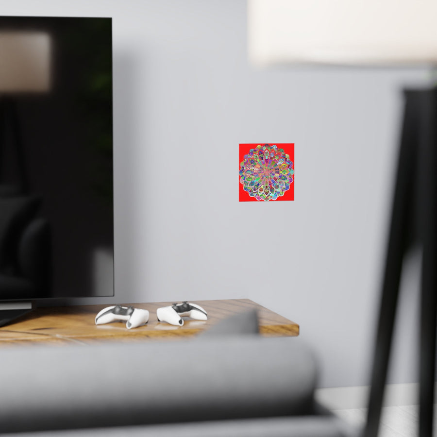 Square Matte Paper Poster Featuring Hand - Drawn Bright Mandala Art - Red - Blululi