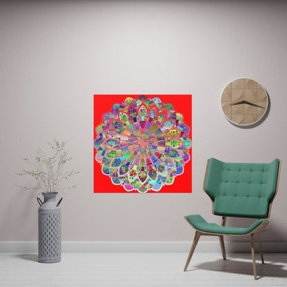 Square Matte Paper Poster Featuring Hand - Drawn Bright Mandala Art - Red - Blululi