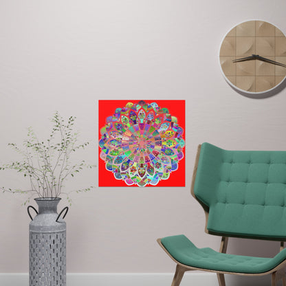 Square Matte Paper Poster Featuring Hand - Drawn Bright Mandala Art - Red - Blululi