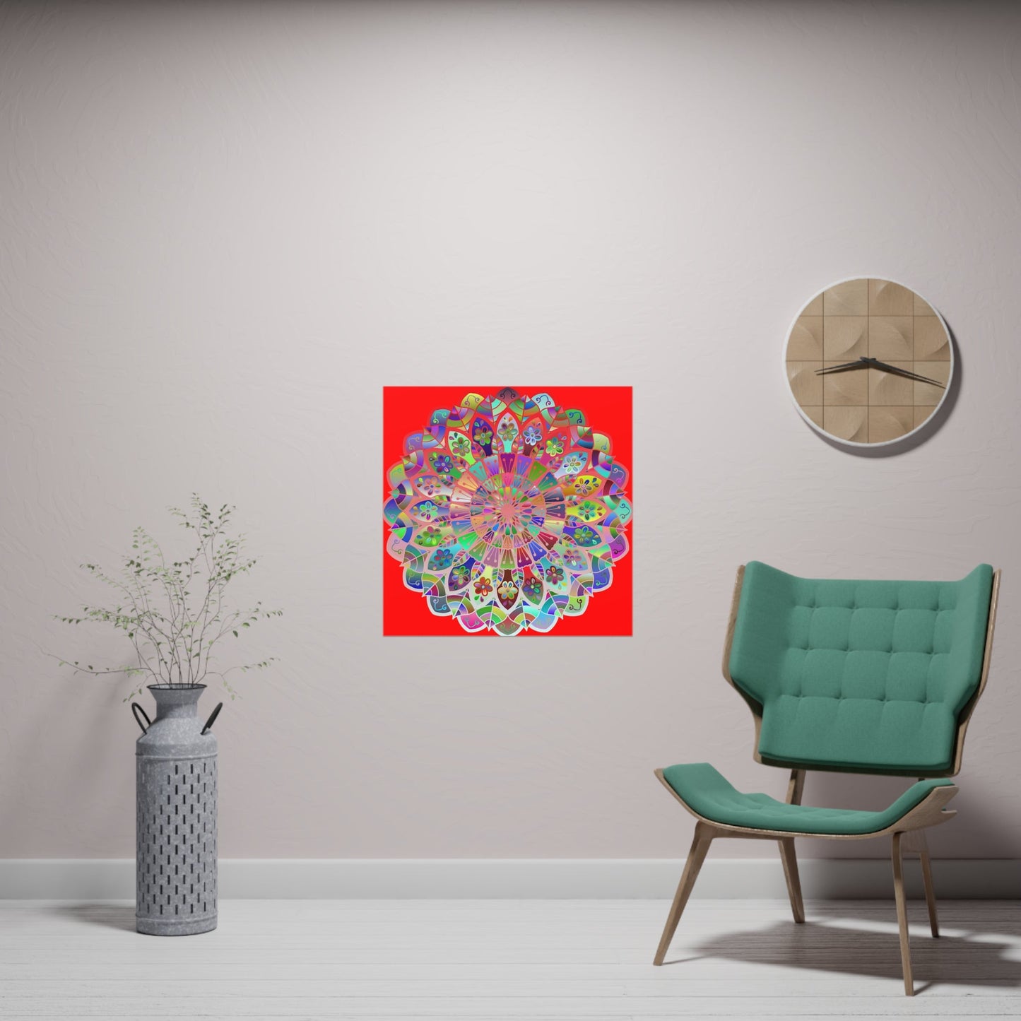 Square Matte Paper Poster Featuring Hand - Drawn Bright Mandala Art - Red - Blululi