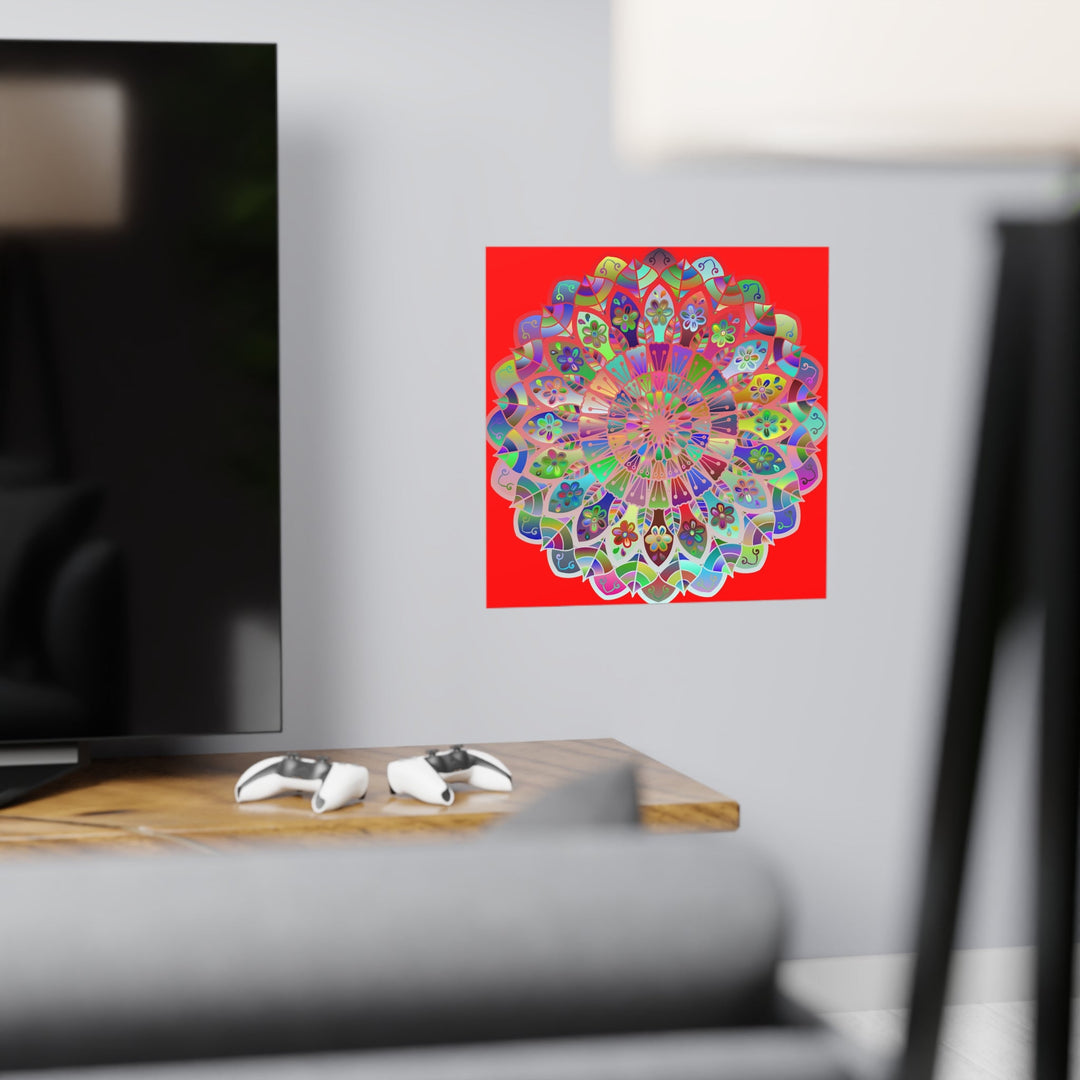 Square Matte Paper Poster Featuring Hand - Drawn Bright Mandala Art - Red - Blululi