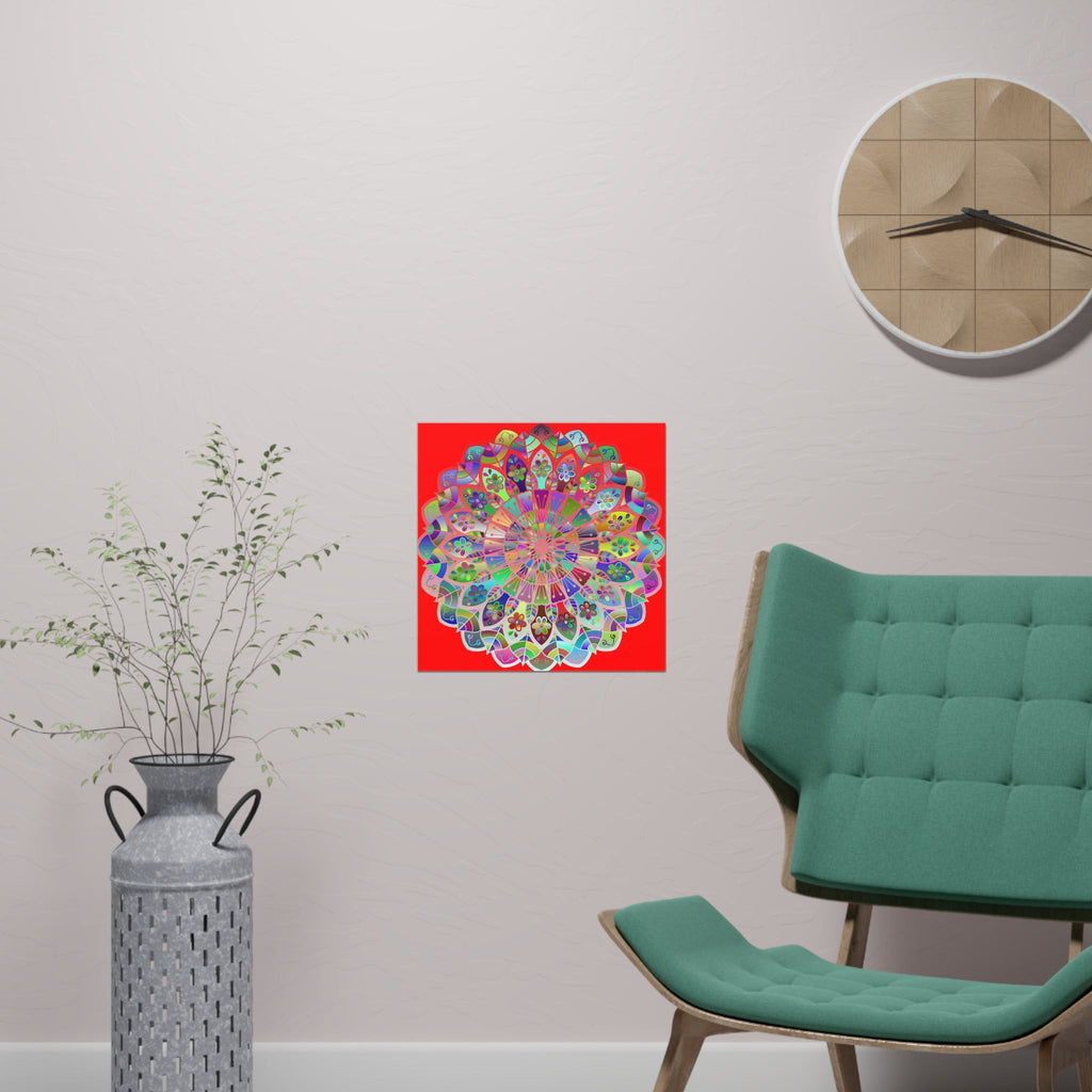 Square Matte Paper Poster Featuring Hand - Drawn Bright Mandala Art - Red - Blululi