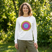 Lifestyle close-up of a unisex long-sleeve mandala t-shirt laid flat, vivid blues, pinks, and greens in an intricate mandala design, showcasing color and print detail