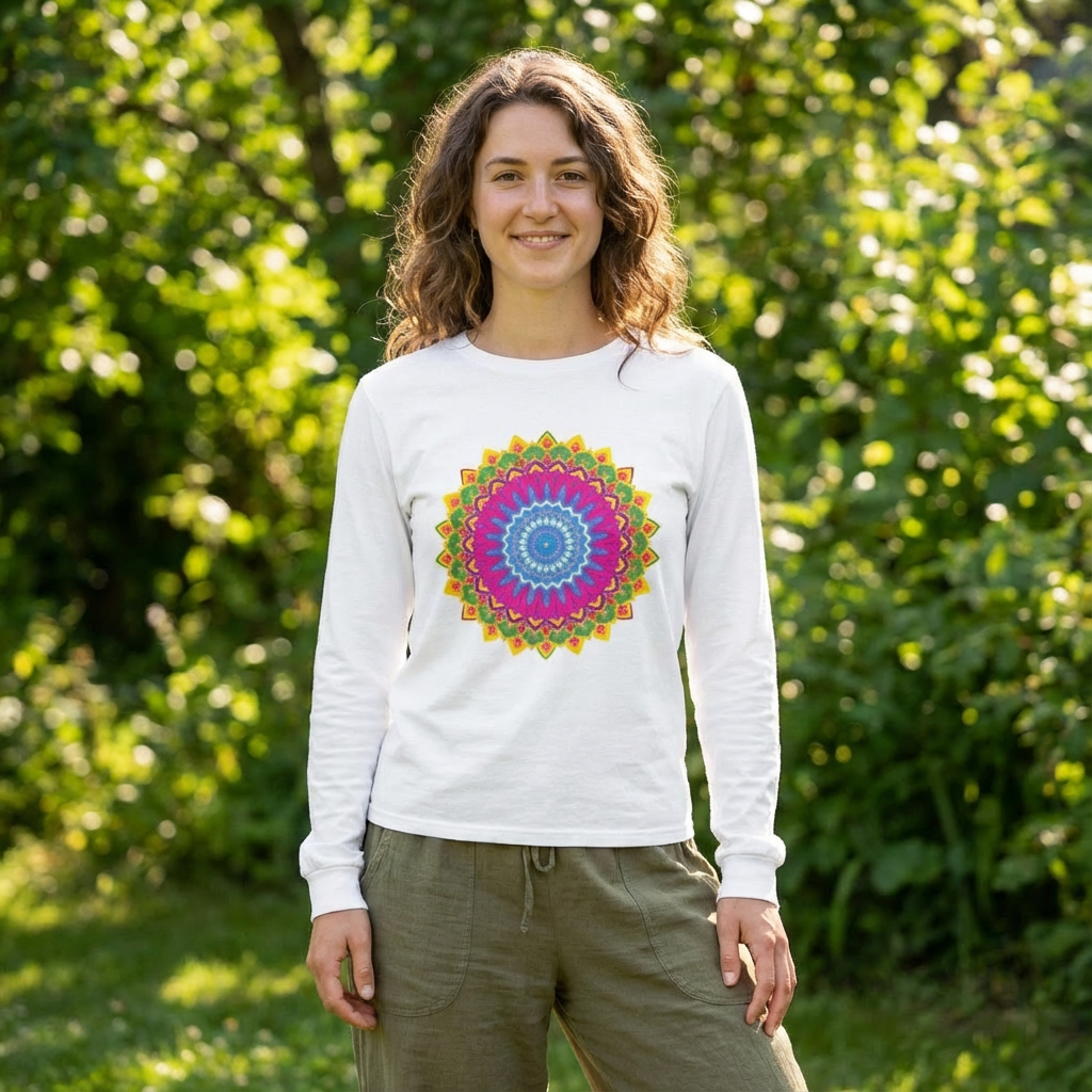 Lifestyle close-up of a unisex long-sleeve mandala t-shirt laid flat, vivid blues, pinks, and greens in an intricate mandala design, showcasing color and print detail