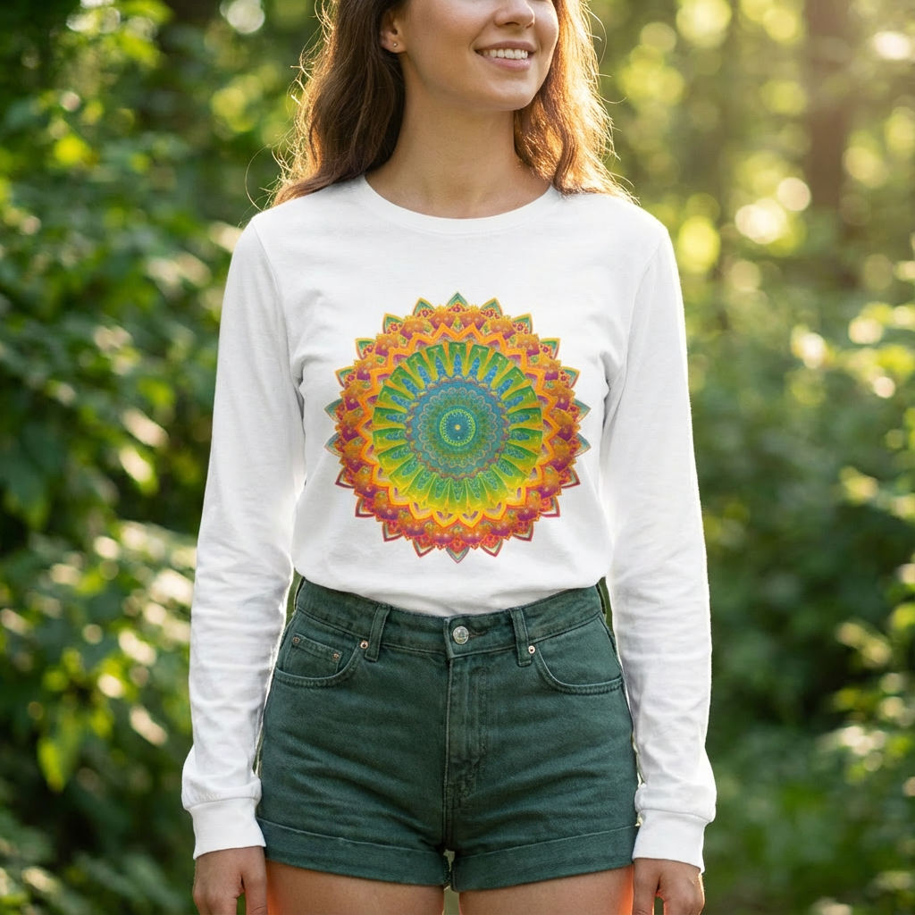 Lifestyle close-up of a unisex mandala art long-sleeve t-shirt in bright multicolor, worn casually in a relaxed setting.