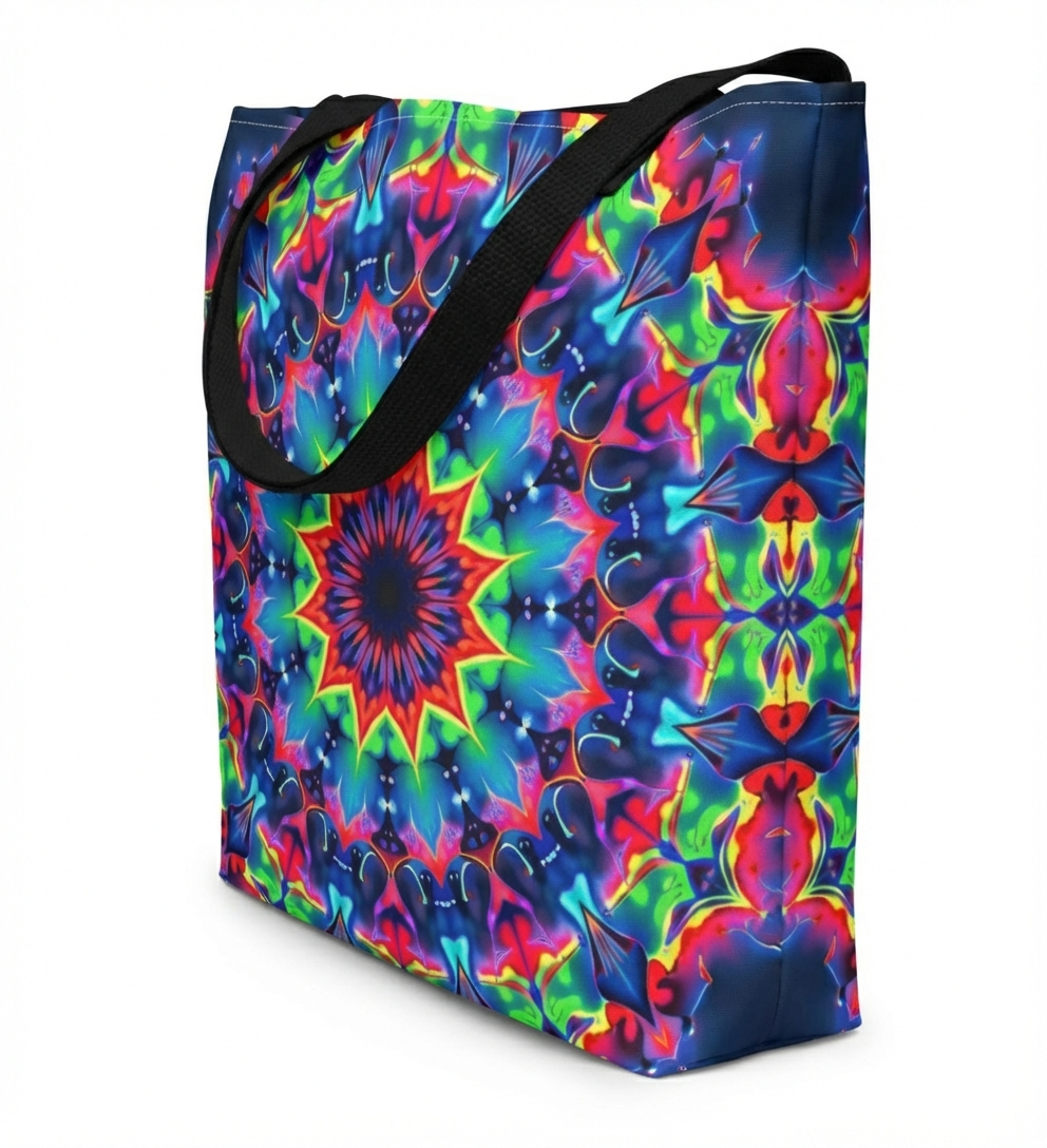Psychedelic Kaleidoscope Tote Bag in Electric Color Palette