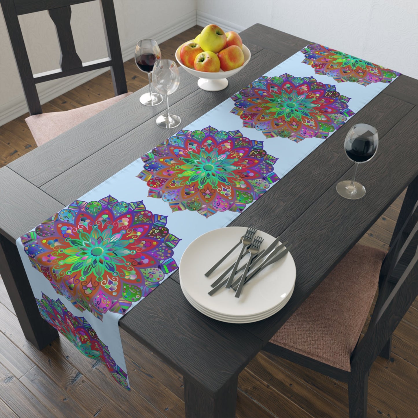 Table Runner with Mandala Art Drawn by Hand - Light Blue (Cotton, Poly) - Blululi