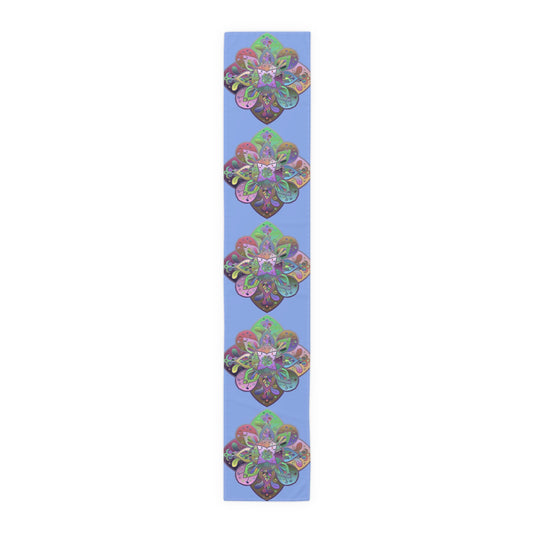 Table Runner with Mandala Art Drawn by Hand - Light Blue (Cotton, Poly) - Blululi