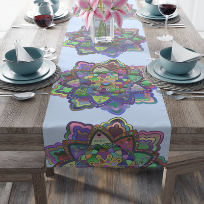 Table Runner with Mandala Art Drawn by Hand - Light Blue (Cotton, Poly) - Blululi