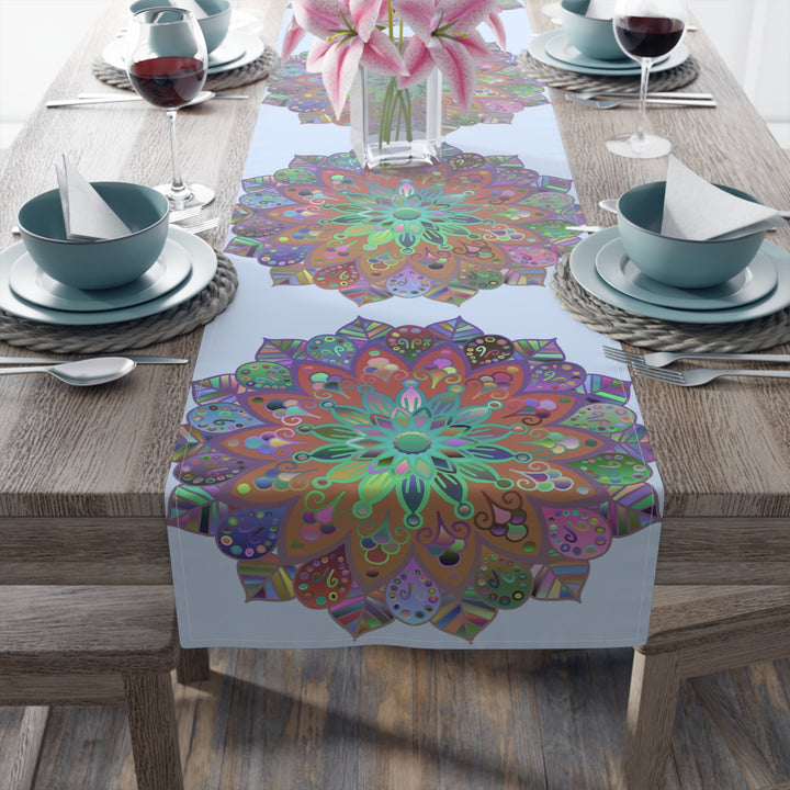 Table Runner with Mandala Art Drawn by Hand - Light Blue (Cotton, Poly) - Blululi