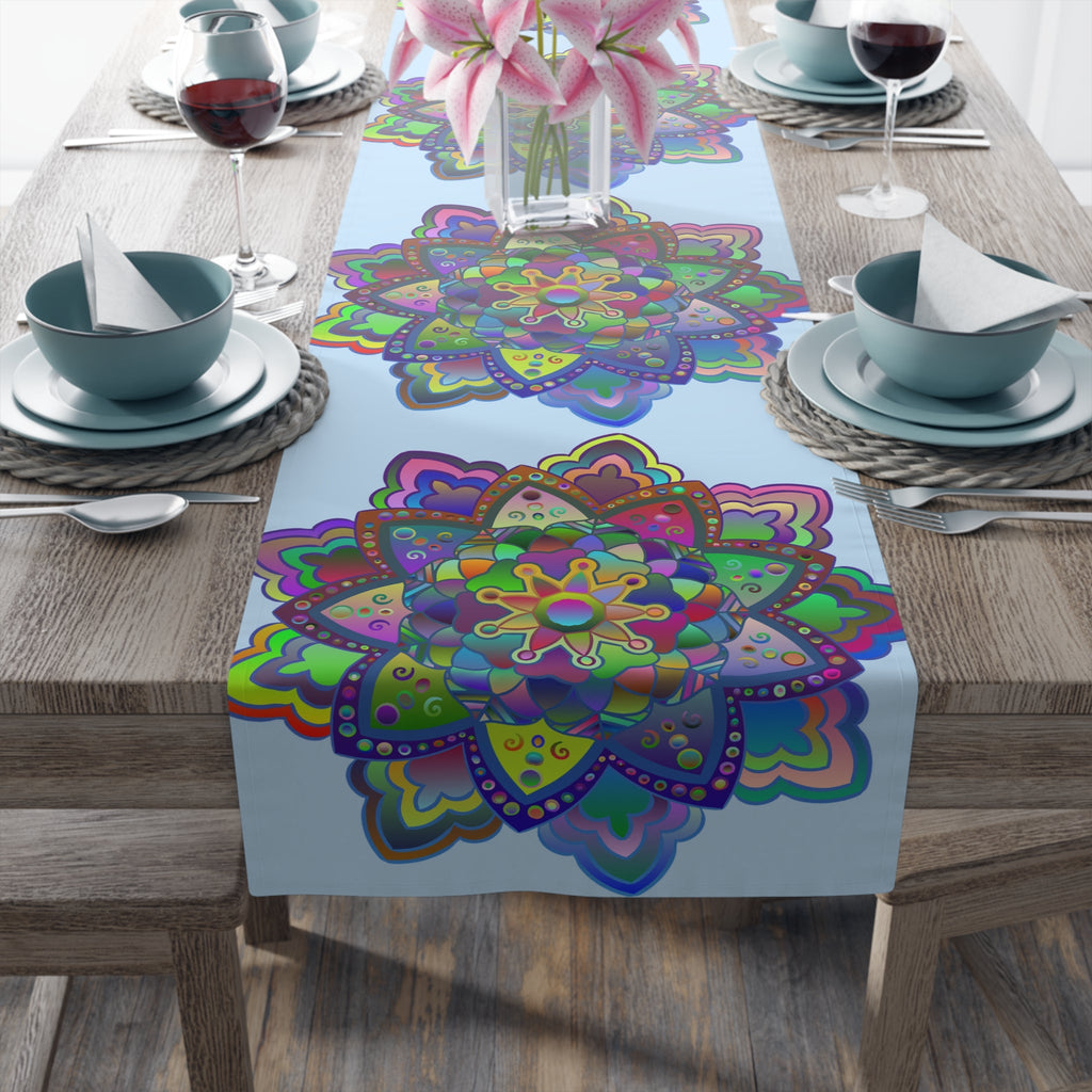 Table Runner with Mandala Art Drawn by Hand - Light Blue (Cotton, Poly) - Blululi