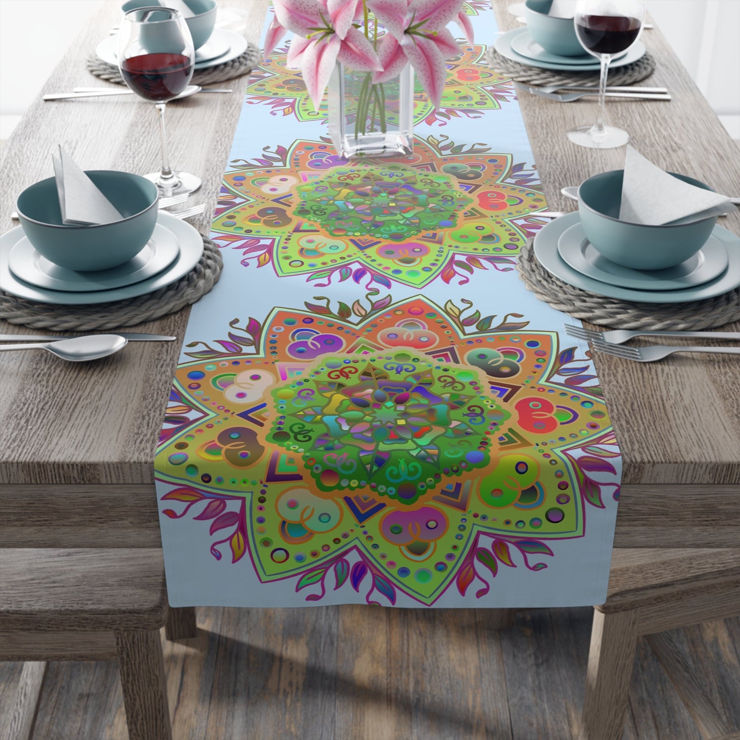 Table Runner with Mandala Art Drawn by Hand - Light Blue (Cotton, Poly) - Blululi