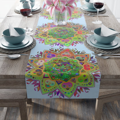 Table Runner with Mandala Art Drawn by Hand - Light Blue (Cotton, Poly) - Blululi