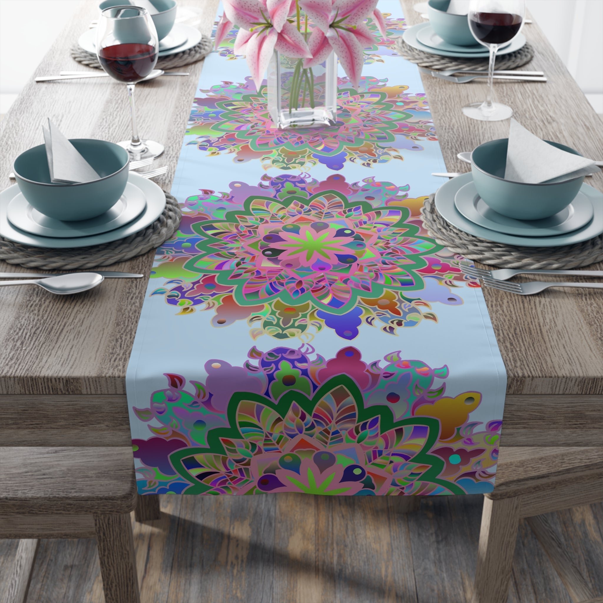 Table Runner with Mandala Art Drawn by Hand - Light Blue (Cotton, Poly) - Blululi