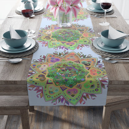 Table Runner with Mandala Art Drawn by Hand - Light Blue (Cotton, Poly) - Blululi