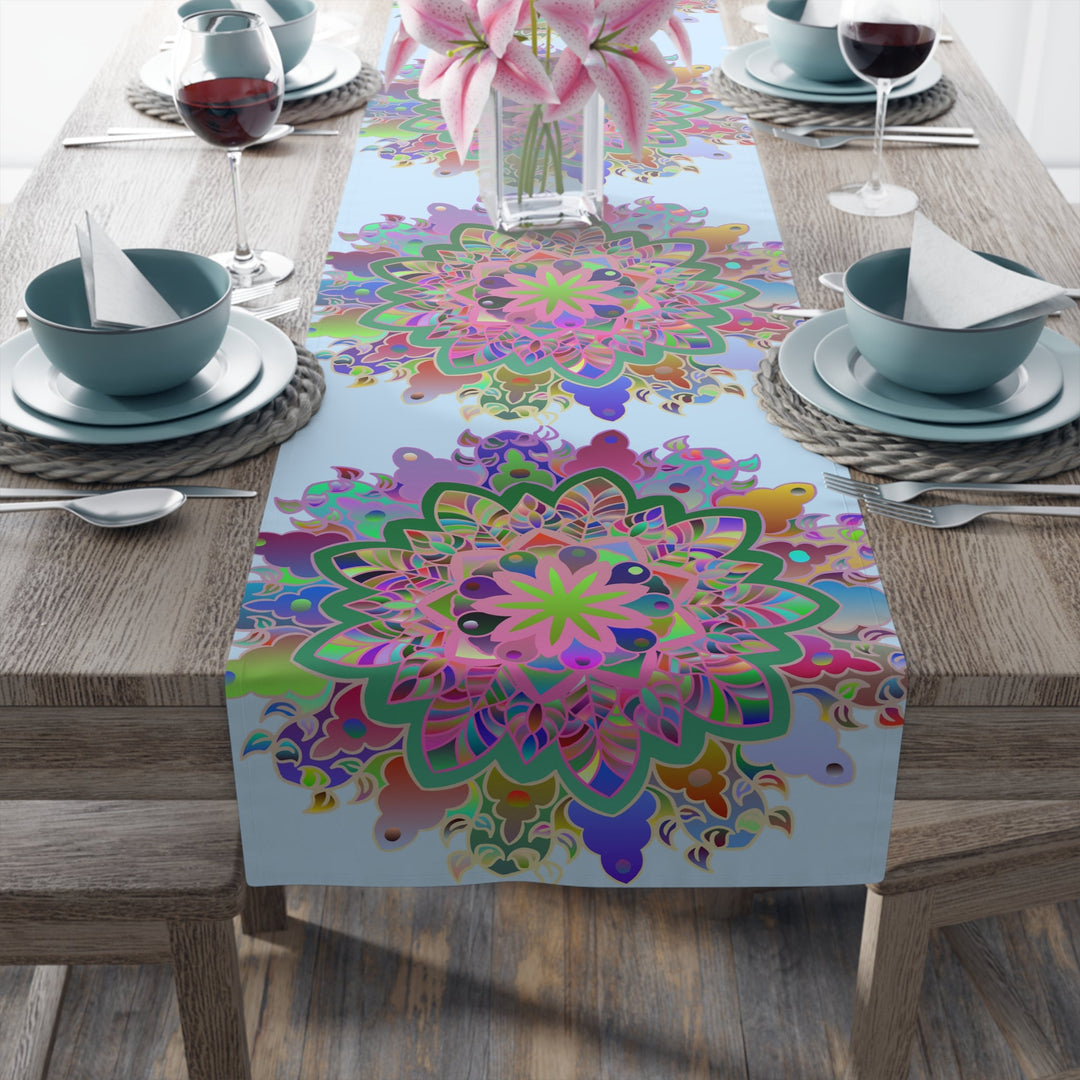 Table Runner with Mandala Art Drawn by Hand - Light Blue (Cotton, Poly) - Blululi