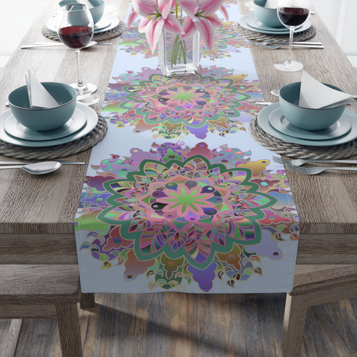 Table Runner with Mandala Art Drawn by Hand - Light Blue (Cotton, Poly) - Blululi